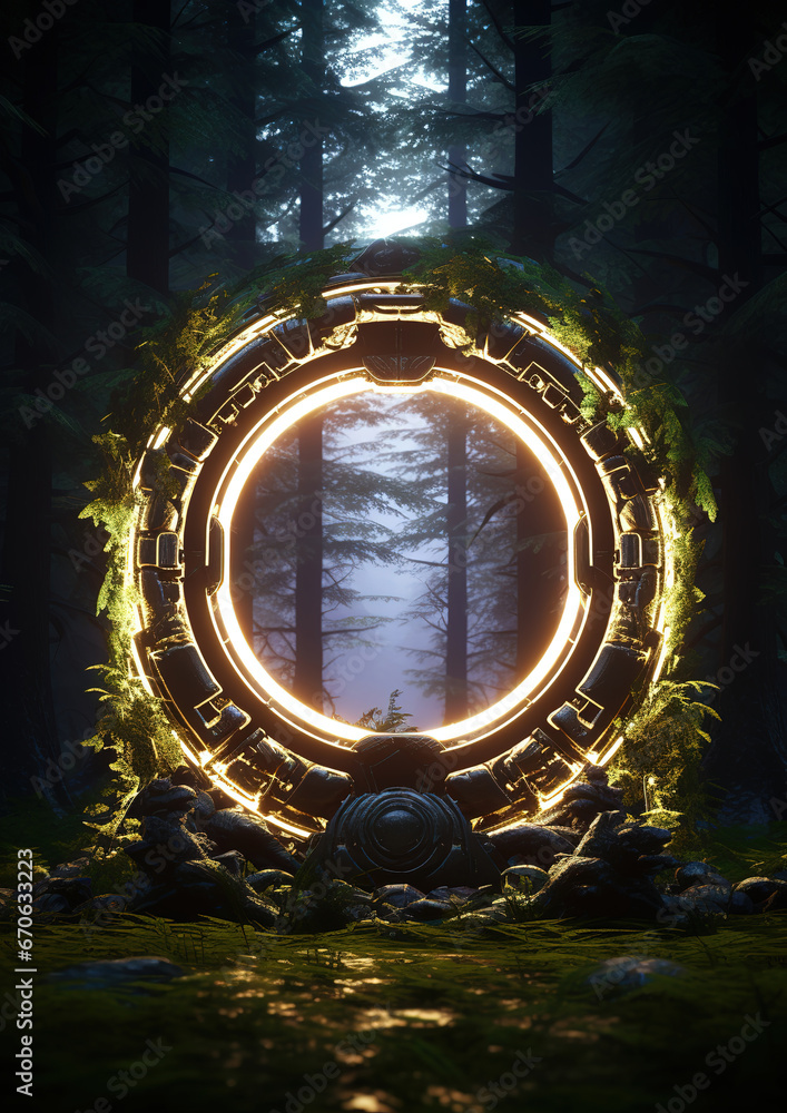 Obraz premium magical glowing portal in the middle of a dense forest, generative ai