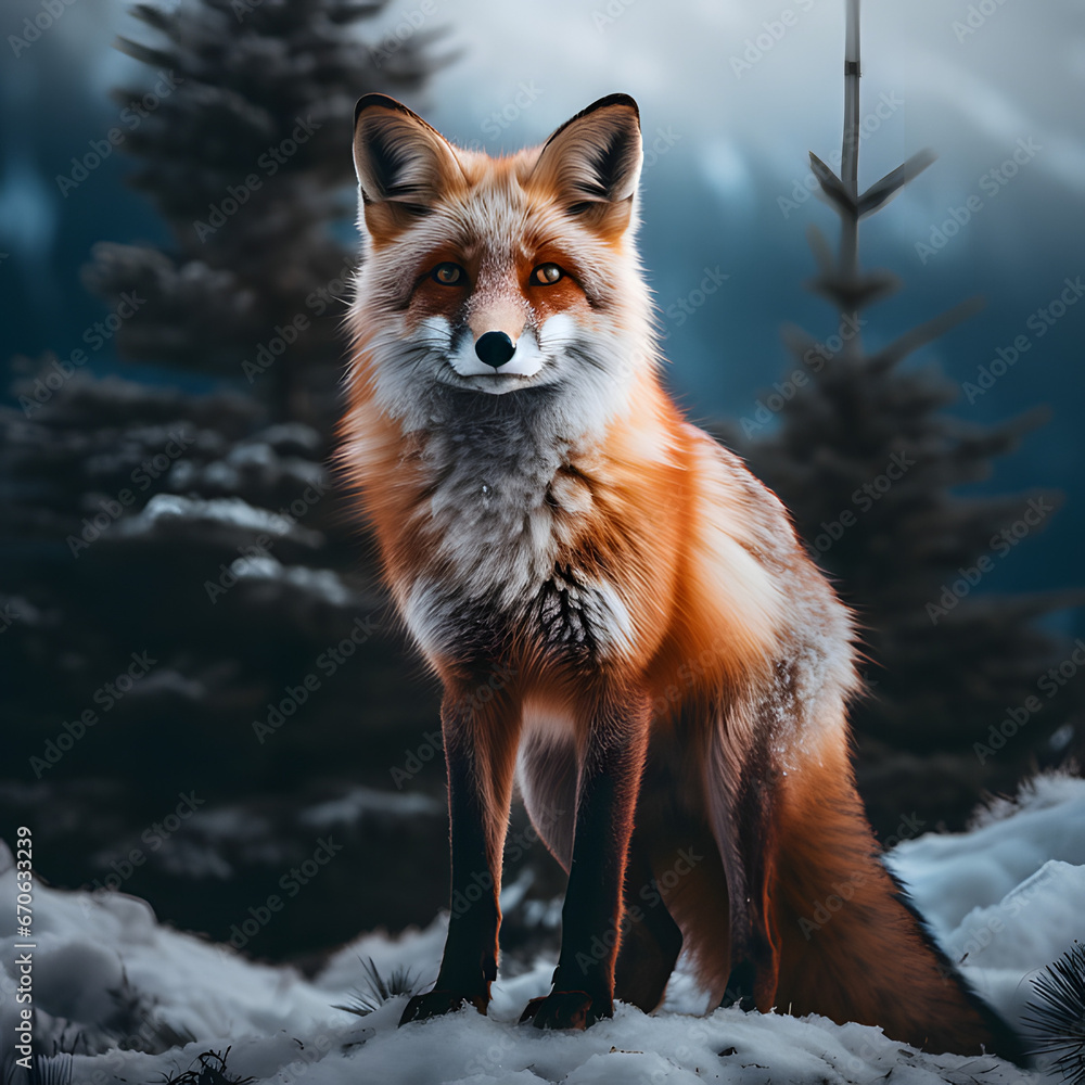 Fototapeta premium Fuchs im Winter umgeben von Tannen und Bergen