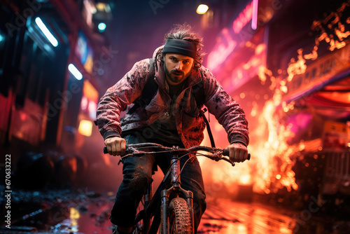Determined cyclist navigating through a fiery urban scene under neon lights, displaying grit and adventure.