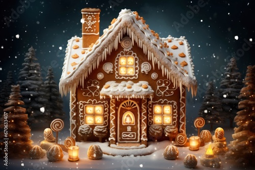 A Festive Gingerbread House Surrounded by Christmas Decorations Created With Generative AI Technology © Karlaage