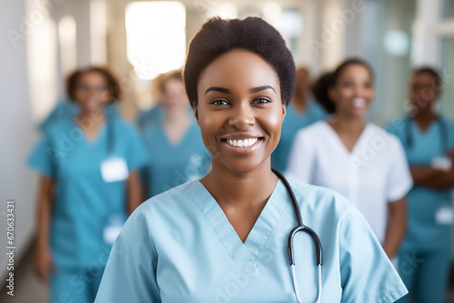 portrait of a smiling african-american nurse against a blurred background of a team of doctors, generative ai 