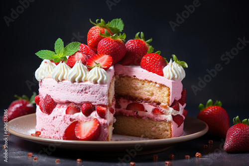 slice of strawberry sponge cake, generative ai 