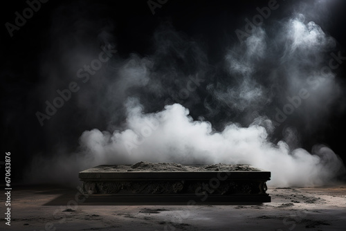 mockup of stone podium with ancient patterns in smoke on a dark background for advertising products and goods
