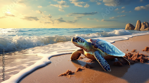 turtle on the beach sea in background, generative ai 