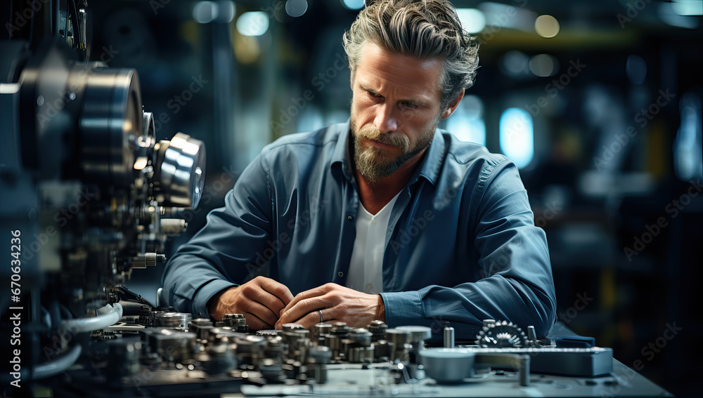 Engineer working on the mechanism of a machine in the workshop. Engineer working on the mechanism of a machine in the workshop.