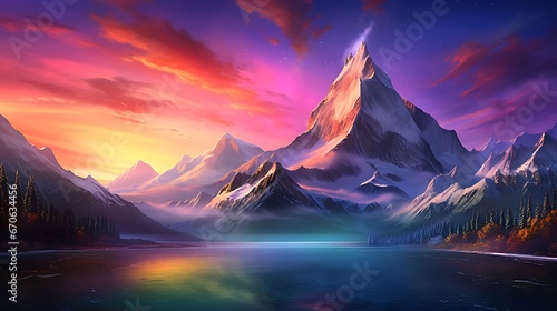 Realistic landscapes - Alpine mountains and northern lights: “HD landscape - snowy mountain peak, clear sky, sunset colors