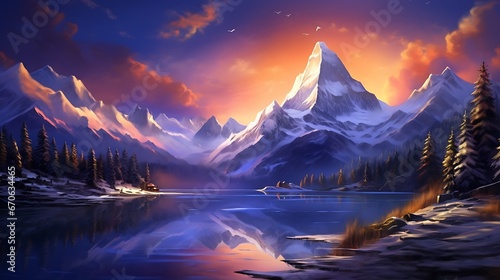Realistic landscapes - Alpine mountains and northern lights     HD landscape - snowy mountain peak  clear sky  sunset colors