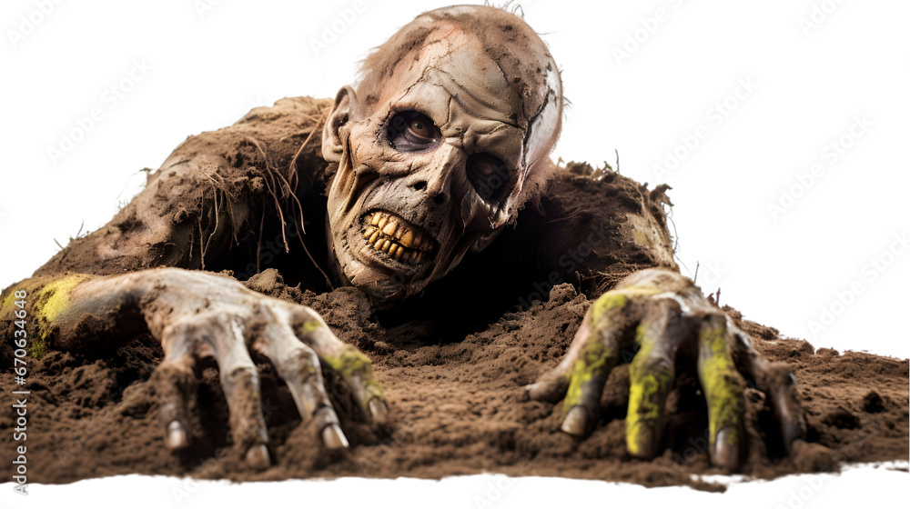 zombie coming out on the soil or grave isolated on transparent background