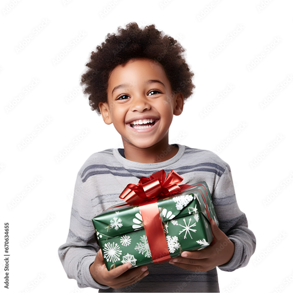 Joyful kid with gift on transparent background Joyful kid with gift on transparent background