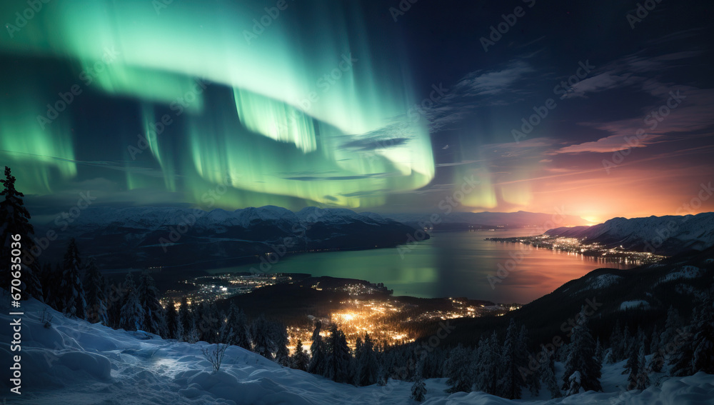 Aurora Borealis Over Snowy Mountain and Lake