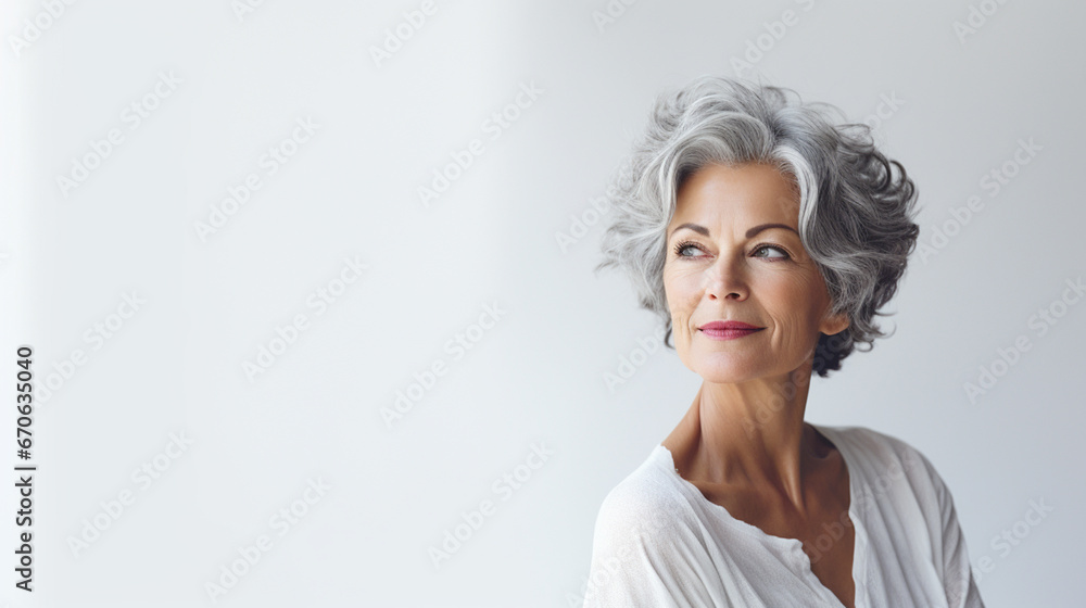 Kobieta w średnim wieku uśmiechnięta patrzy w lewą stronę na szarym tle - obrazy, fototapety, plakaty 