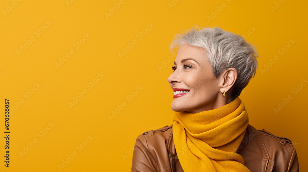 Kobieta w średnim wieku uśmiechnięta patrzy w lewą stronę na żółtym tle - obrazy, fototapety, plakaty 