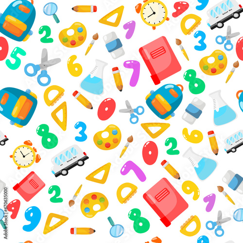Seamless pattern of school tools, supplies, stationery in flat style. , wrapping paper, wallpaper, textile. Vector illustration isolated on white