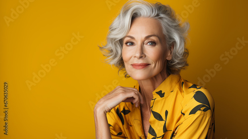 Kobieta w średnim wieku patrzy w obiektyw na żółtym tle. photo