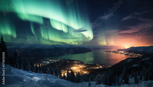 Aurora Borealis Over Snowy Mountain and Lake