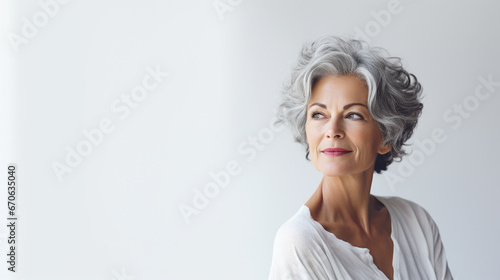 Kobieta w średnim wieku uśmiechnięta patrzy w lewą stronę na szarym tle