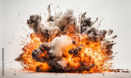 Fiery Explosion with flames and smoke, isolated on white background