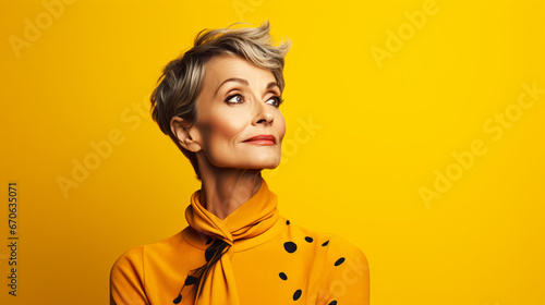 Kobieta w średnim wieku uśmiechnięta patrzy w prawą stronę na żółtym tle
