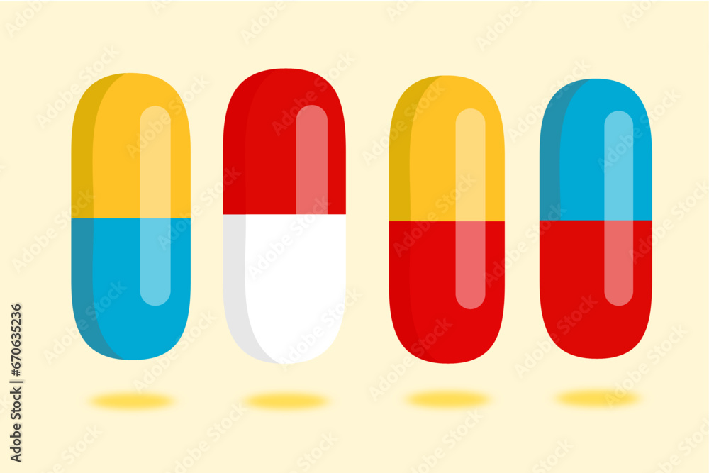 Set of color medical pills. Medical capsule and drugs. Healthcare and medicine concept.