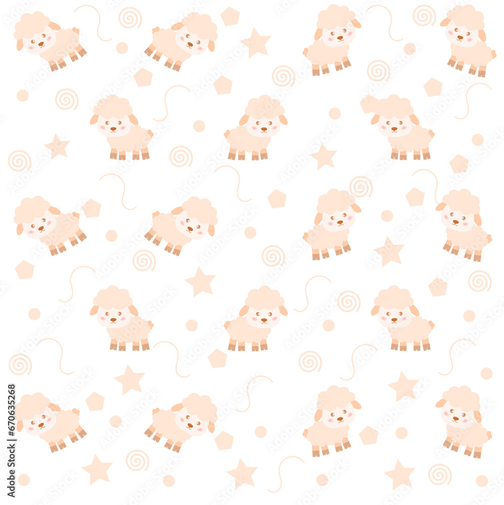 Seamless background with cute sheep in white background. Vector, illustration