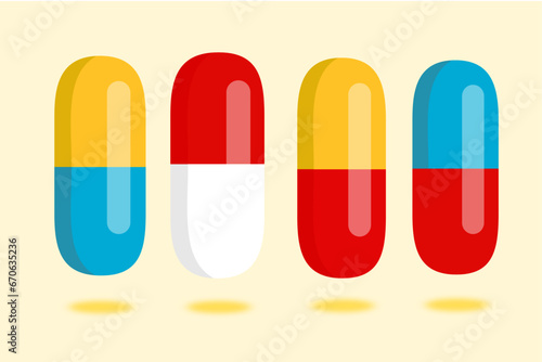 Set of color medical pills. Medical capsule and drugs. Healthcare and medicine concept.