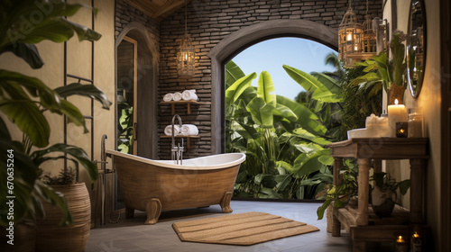 Modern tropical style bathroom with a bathtub