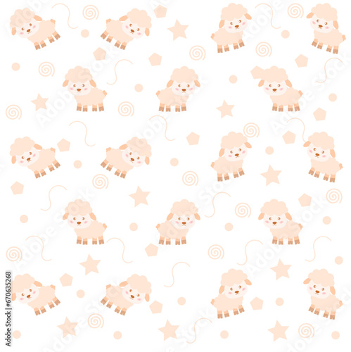 Seamless background with cute sheep in white background. Vector  illustration