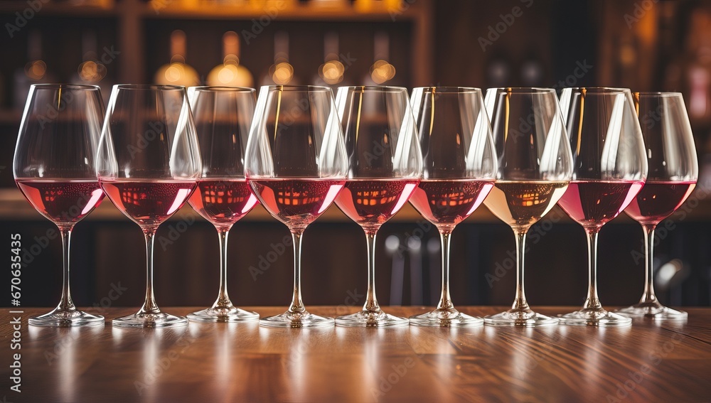 Row of wine glasses on wooden bar