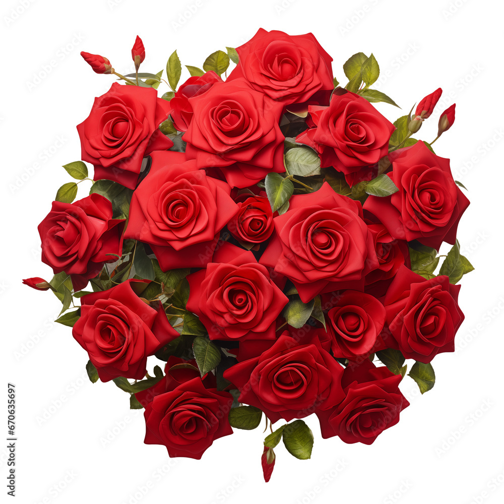Obraz premium Bouquet of red rose flowers in groups isolated on transparent background. Perfect for wedding invitations, valentines, gifts, and decorations. Generative AI