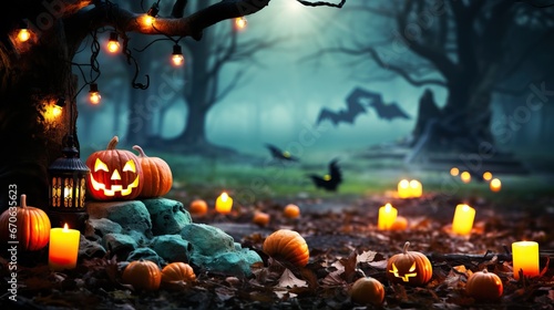 Halloween background with pumpkins, bats and candles in the forest