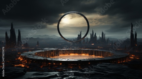 As the sky darkened over the city, a massive circular cloud descended upon the glittering skyscrapers, its eerie glow casting a haunting ambiance over the urban landscape