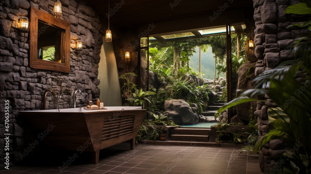 Modern tropical style bathroom with a bathtub