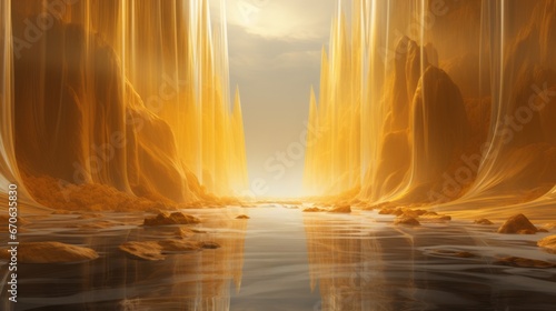Amber hues dance upon the fluid river, as water rushes over wild rocks amidst a breathtaking landscape, basking in the golden light of a majestic sunrise or sunset in the great outdoors