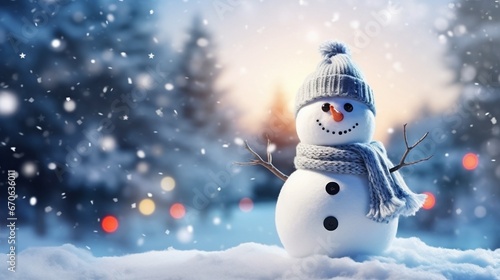 Christmas wallpaper of Happy snowman with blue scarf standing in Snow background