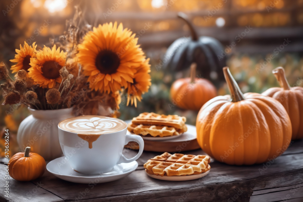 still life of a cup of hot latte and waffers and pumpkins on an old wooden table against the background of beautiful autumn nature at sunset, decoration for Halloween still life of a cup of hot latte and waffers and pumpkins on an old wooden table against the background of beautiful autumn nature at sunset, decoration for Halloween