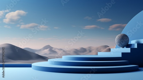 A solitary podium stands tall amidst the endless desert, its vibrant blue hue mirroring the boundless sky above and the rugged mountains in the distance