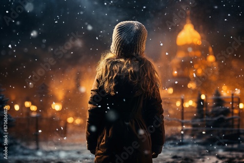 a girl in city street in winter, stands with her back, all decorated for Christmas or New Year's holiday, snow, street lights, festive environment