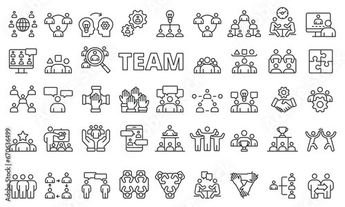 Team icon set in line design. Team work  Collaboration  Group  Unity  Partnership  Cooperation  Together  Synergy  Workgroup vector illustrations. Editable stroke icons. 