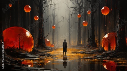 In the midst of a dark, eerie forest, a lone figure stands illuminated by the vibrant orange glow emanating from within them, a surreal art piece brought to life on a halloween night under the stars