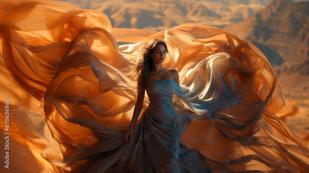 Fototapeta premium A woman's flowing dress cascades against the backdrop of a rugged canyon, embracing the untamed beauty of the desert landscape