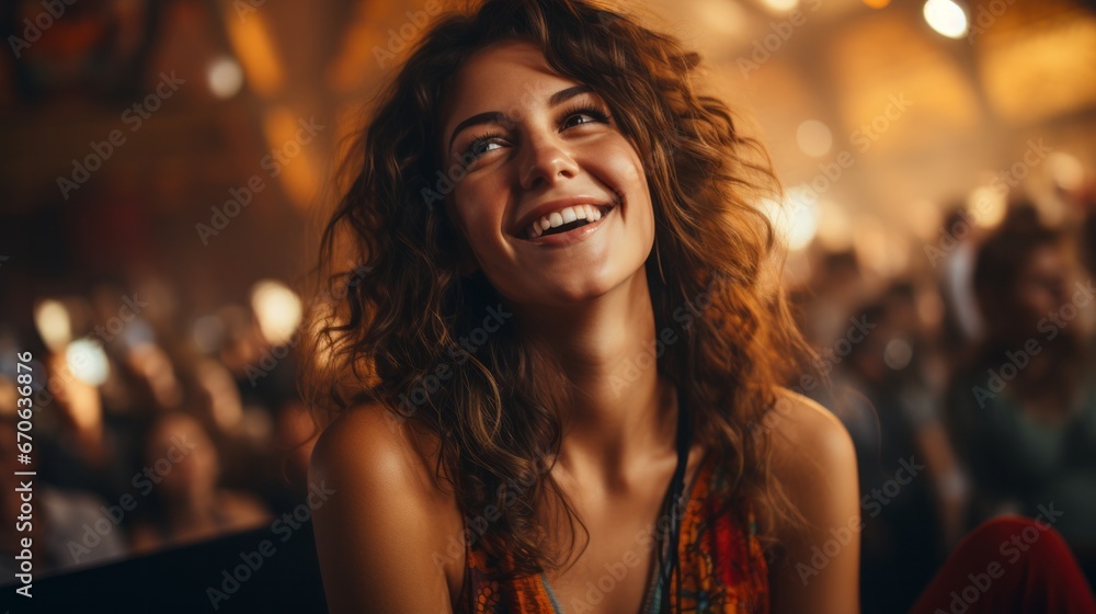 A vibrant lady radiating joy and confidence, her curly hair framing her beaming smile as she stands indoors in stylish clothing, capturing the essence of a human with her portrait