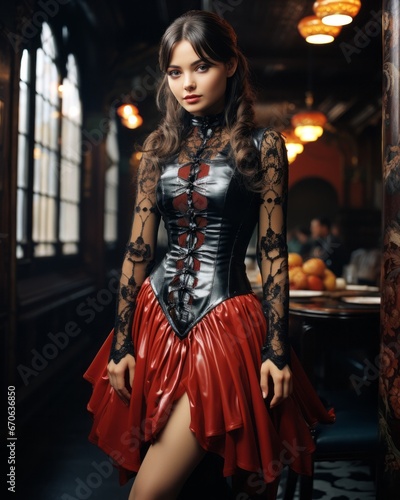 A gothic lady wearing a stunning black and red dress commands attention in an indoor setting, exuding fashion and confidence as she embodies the essence of a bold and daring model © Envision