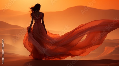 As the sky blazed with the fiery hues of the setting sun, a woman in a flowing dress stood tall in the desert, her form a living canvas of raw emotion and untamed art