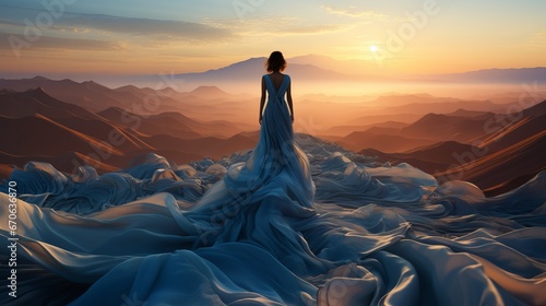 As the fiery sun set behind the majestic mountain, a woman in a flowing dress stood on its peak, her gown billowing in the wild winds as she gazed at the endless sky and swirling clouds