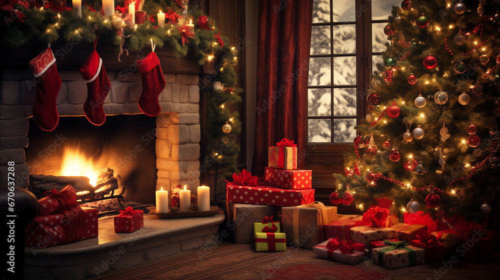 Christmas room with a fireplace