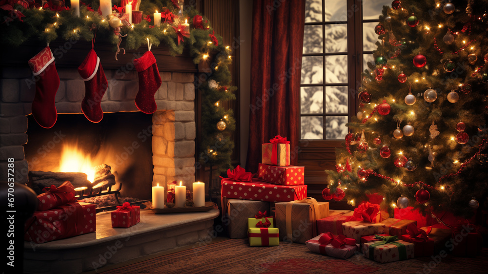 Christmas room with a fireplace Christmas room with a fireplace