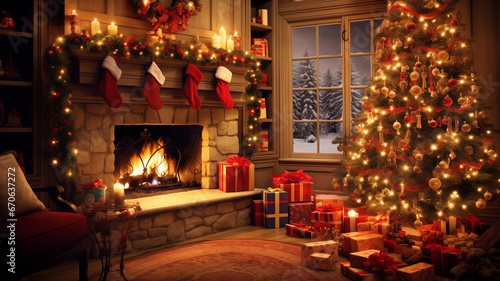 Christmas room with a fireplace photo