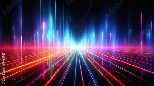 Abstract futuristic background with pink blue glowing neon moving high speed lines and bokeh lights. Data transfer concept.