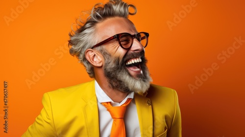 Happy middle aged man in yellow suit Wear glasses and extravagant style. Laugh and smile happily. photo
