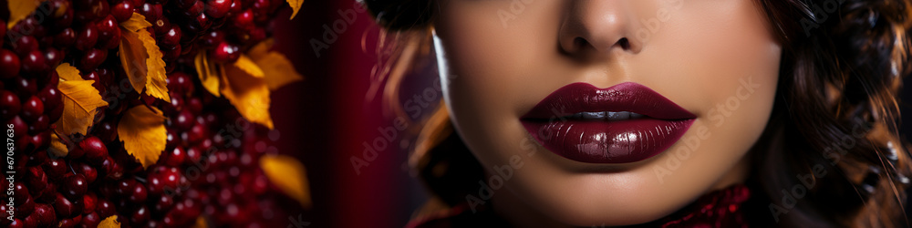 Fototapeta premium Close-up Red Lips: Model with Burgundy Lipstick, Autumnal Look, Cosmetic Detail.